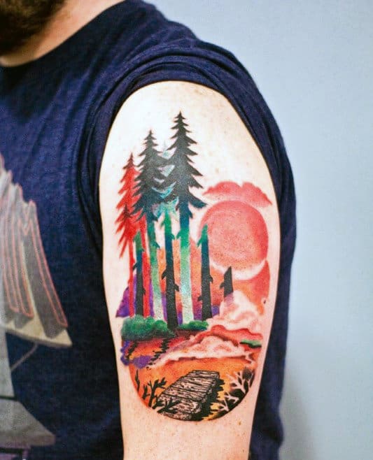 Mens Arms Orange Sun Watercolor Tree Tattoo