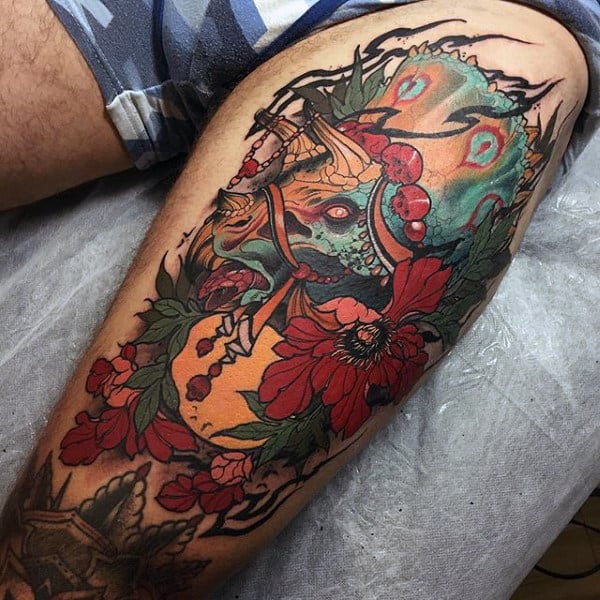 Mens Arms Oriental Flowers And Dinosaur Tattoo