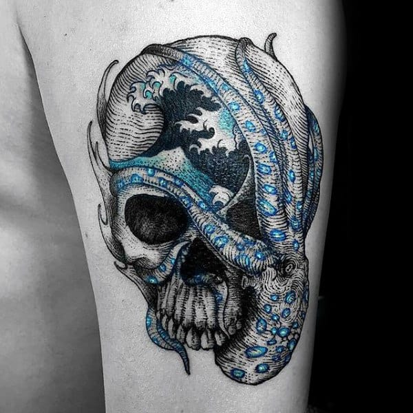 Mens Arms Skull And Surf Tattoo