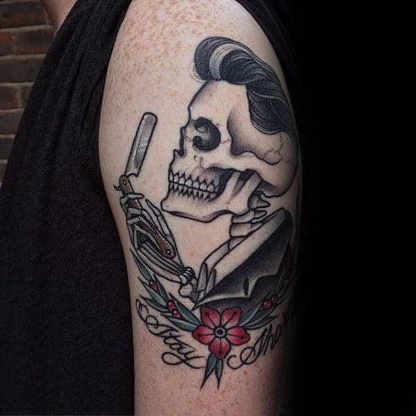 Mens Arms Skull Holding Straight Razor Tattoo