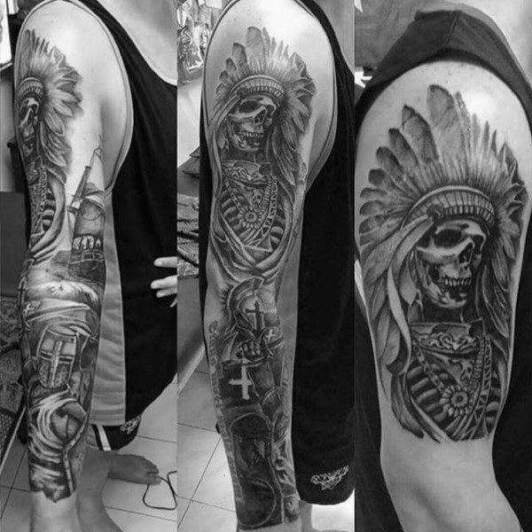 Mens Arms Skull In Traditional Warrior Costume Tattoo
