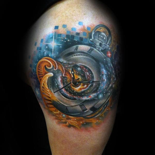 Mens Arms Spiral Astronomical Clock Tattoo