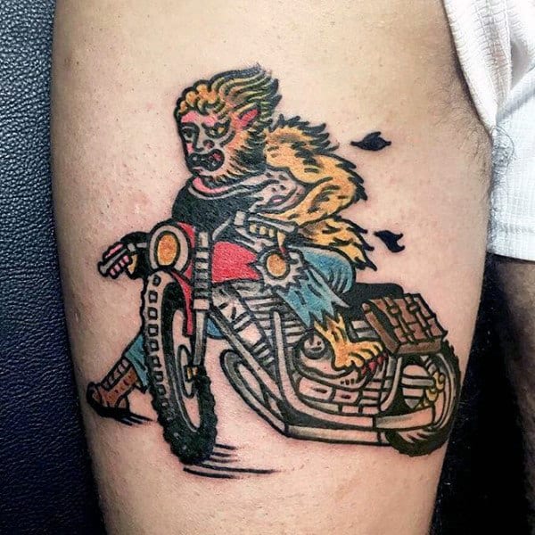 Mens Arms Werewolf On Bike Tattoo