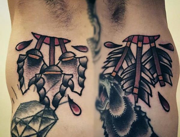 Mens Arrowhead Trio Piercing Skin Tattoo On Side Ribs