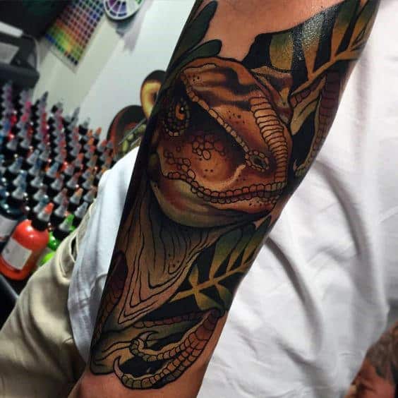 Mens Artistic Velociraptor Forearm Sleeve Tattoo