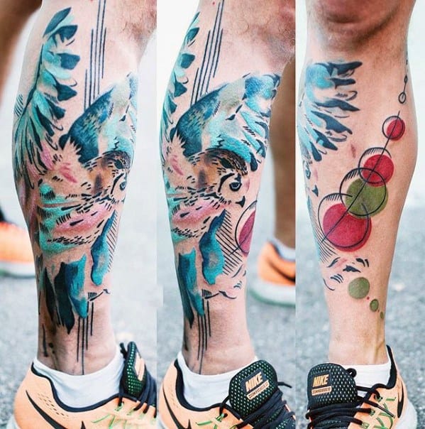 Mens Artsy Watercolor Owl Leg Tattoo