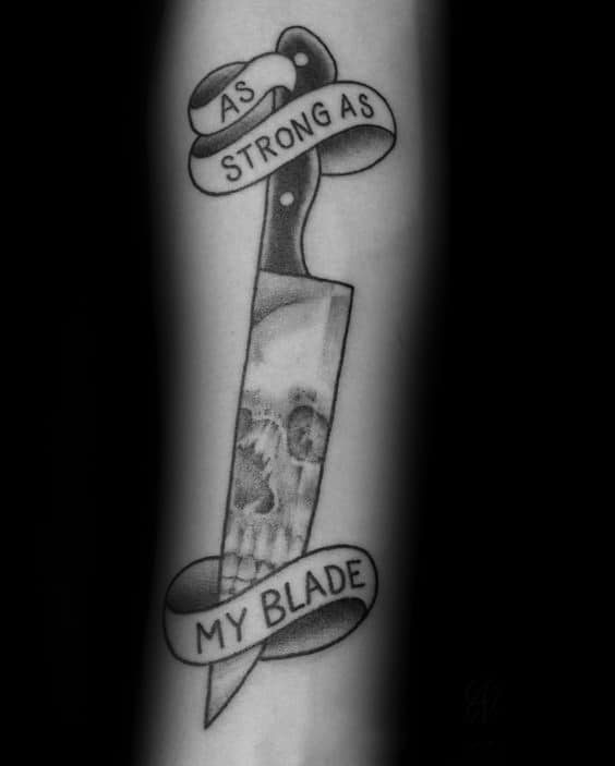 Mens As Strong As My Blade Chef Knife Skull Tattoo