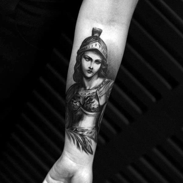 Forearm Athena tattoo with realistic shading, detailed helmet, and sculpted armor for a classic and powerful goddess depiction