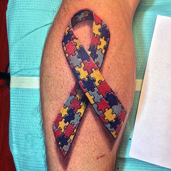 Mens Autism Puzzle Piece Tattoo On Leg Calf