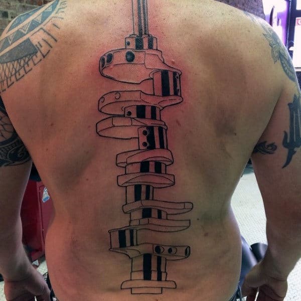 Mens Automotive Themed Camshaft Spine Tattoo In Center Of Back