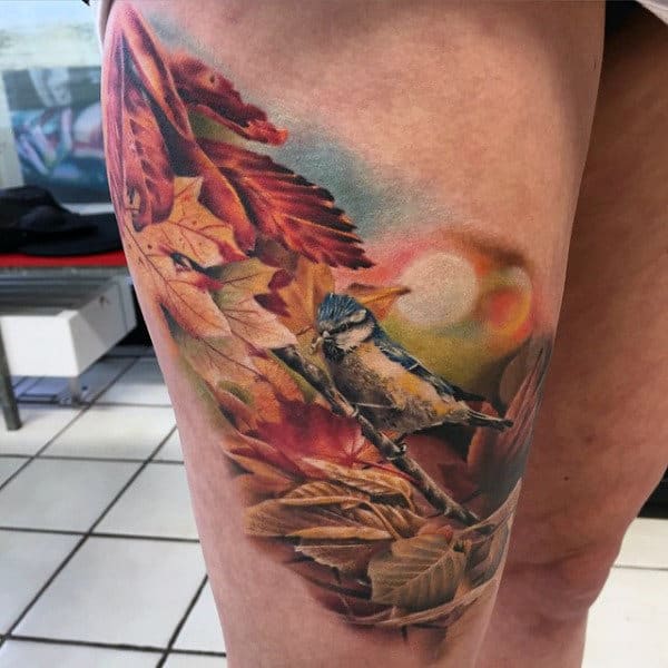 Mens Autumn Leaf Tattoo On Thigh