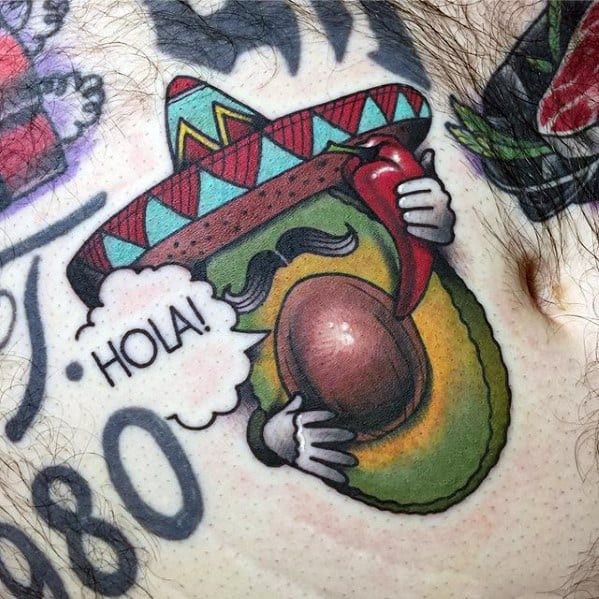 Playful cartoon avocado tattoo with a sombrero, mustache, chili pepper, and speech bubble saying “Hola!” in a fun, colorful design.