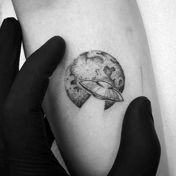 Mens Awesome Alien Spaceship With Moon Quarter Sized Tattoo Ideas