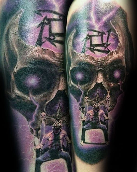 Vibrant tattoo featuring a horned skull with glowing eyes, purple lightning, and a figure in an electric chair—paying tribute to Metallica’s Ride the Lightning.