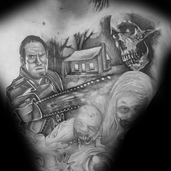 Black and grey Evil Dead tattoo featuring Ash with a chainsaw, the haunted cabin, a looming skull, and eerie deadites emerging from fog