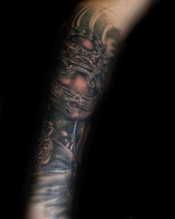 Mens Awesome Foo Dog Forearm Sleeve Tattoo