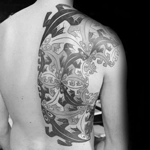 MC Escher-inspired back tattoo featuring a tessellation of interlocking lizards, birds, and fish flowing seamlessly in a spiral pattern.
