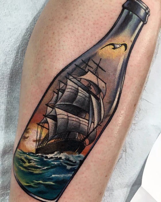 Mens Awesome Incredible Ship In A Bottle Leg Tattoo Ideas