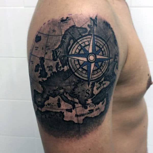 Mens Awesome Map With Compass Arm Tattoo