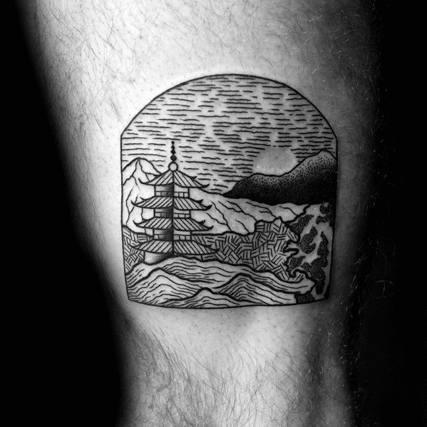 Minimalist linework tattoo of a Japanese pagoda by the water with mountains, sun, and stylized waves in a semi-arched frame.