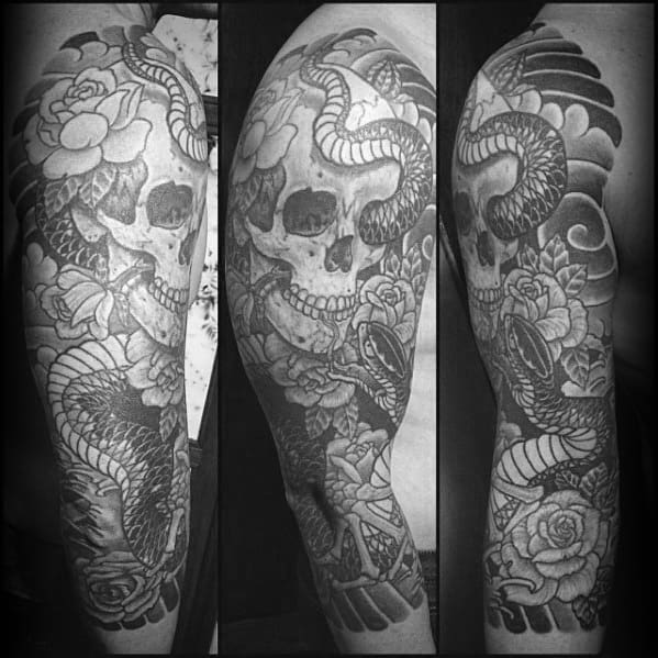 Mens Awesome Shaded Skull Japanese Snake Tattoo Ideas