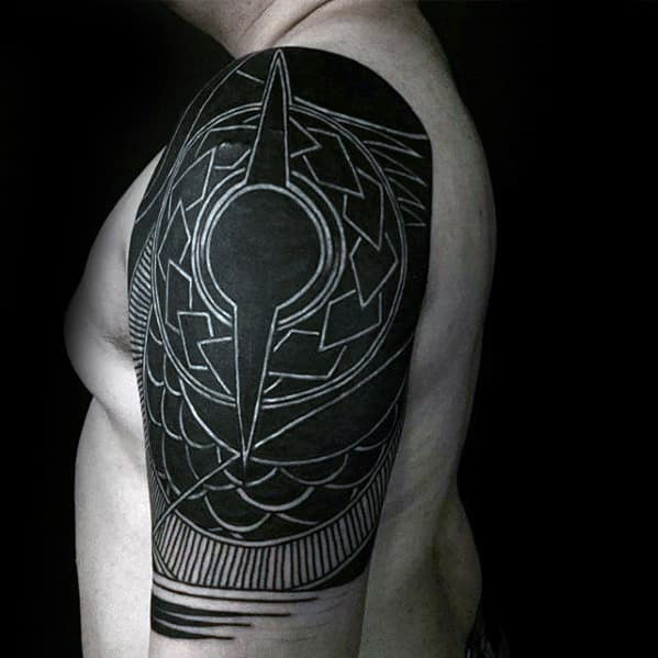 Mens Awesome White Ink Over Black Half Sleeve Tribal Tattoos