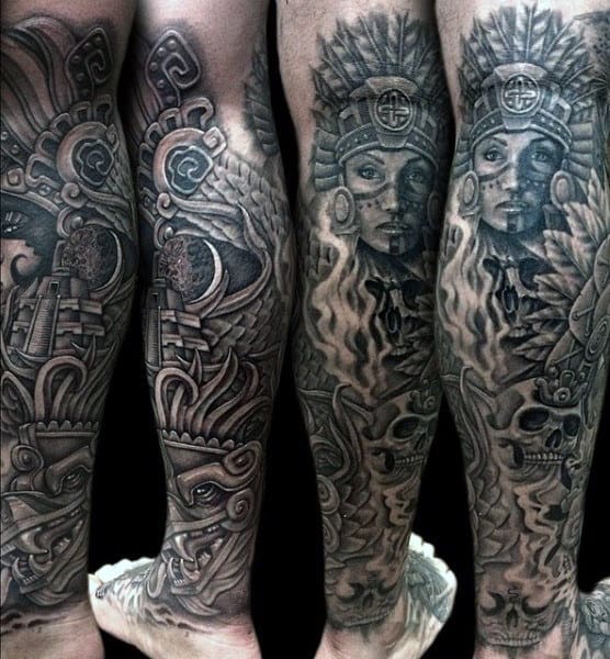 Men's Aztec Calendar Tattoo On Legs