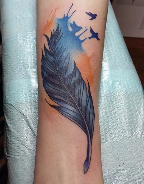 Mens Azure Feather Design Tattoo On Forearm