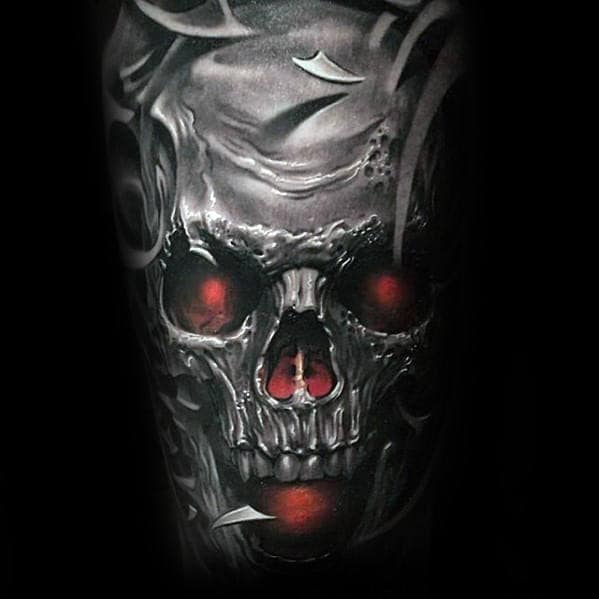 Mens Back 3d Glowing Red Skull Tribal Back Tattoo