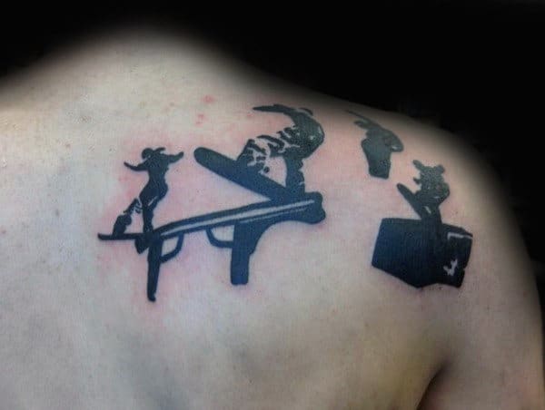 Mens Back Balancing On Snowmoard Tattoo