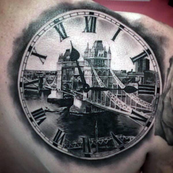 Mens Back Clock Tattoo