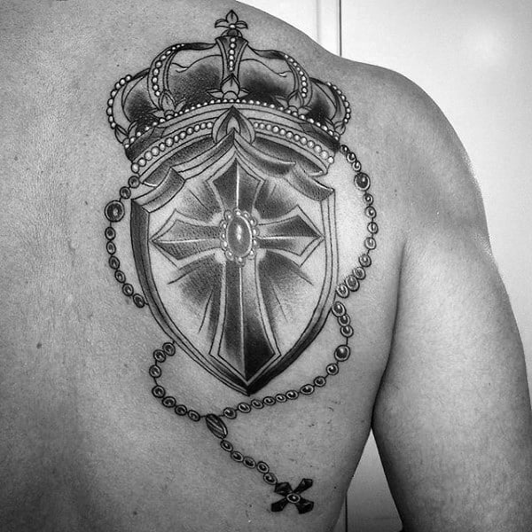 Mens Back Dazzling Crown And Cross Tattoo