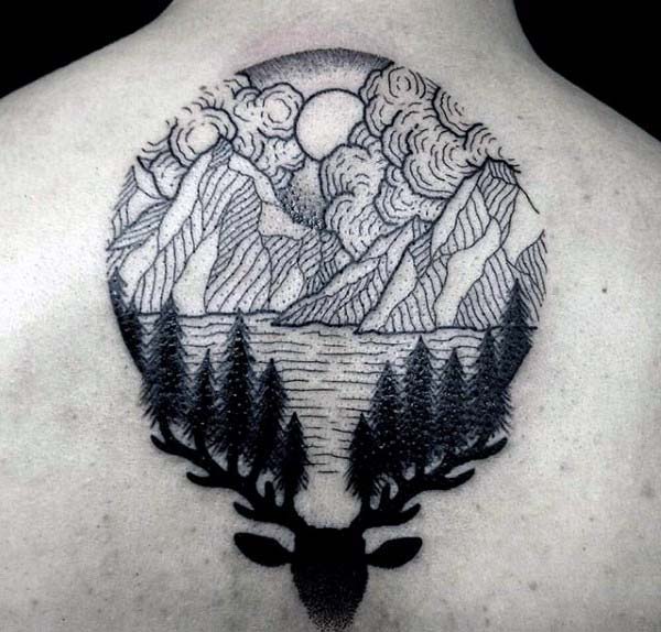 Mens Back Deer With Mountains Circle Woodcut Tattoo Ideas