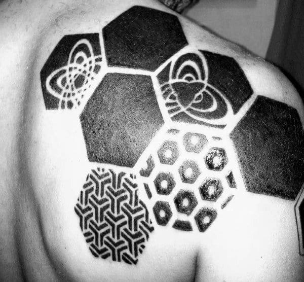 Mens Back Different Patterned Honeycomb Tattoo