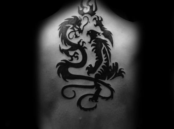 Mens Back Dragon And Tiger Tribal Tattoo Design Ideas