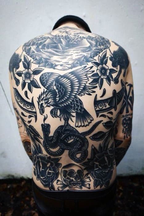Mens Back Eagle Bird With Snake Traditional Old School Back Tattoo