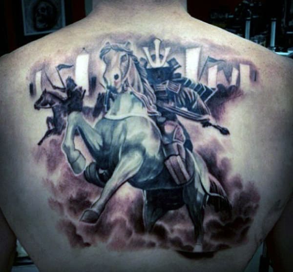Men's Back Horse Riding Samurai Tattoo