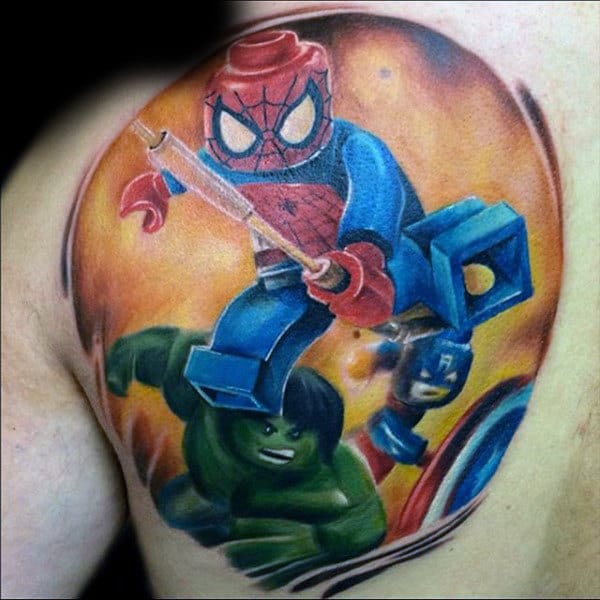 Mens Back Lego Spiderman Tattoo