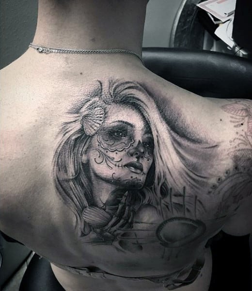 Mens Back Long Haired Grey Shaded Day Of The Dead Tattoo