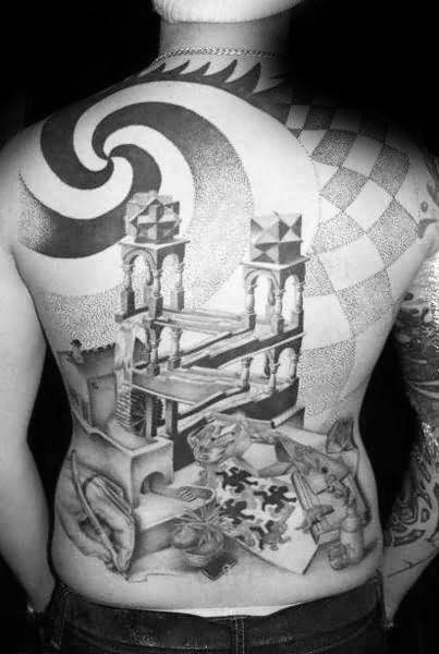 MC Escher-inspired full back tattoo featuring the impossible waterfall structure, surreal objects, and geometric swirls in a dreamlike composition.