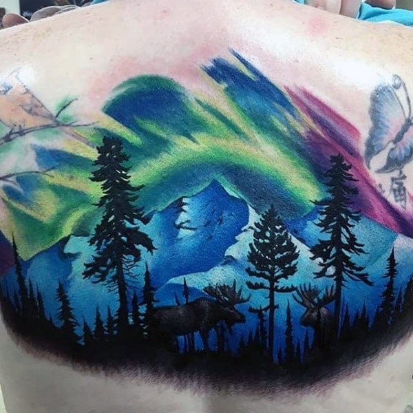 Mens Back Northern Lights Tattoo