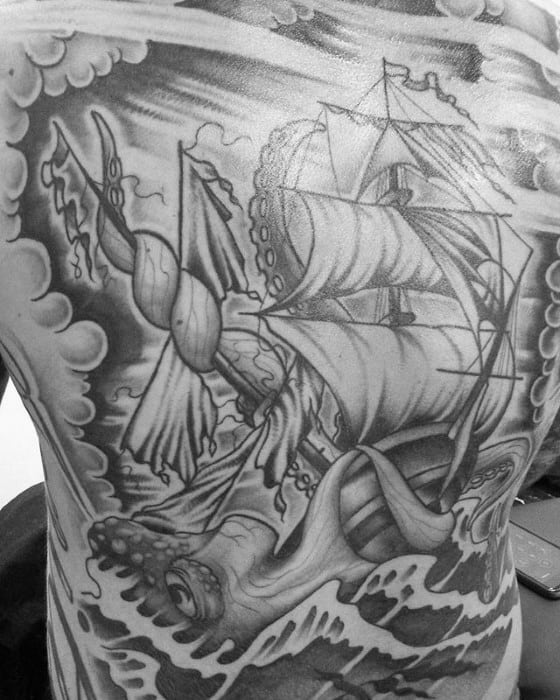 Mens Back Octopus Sailing Ship Shaded Tattoo Designs