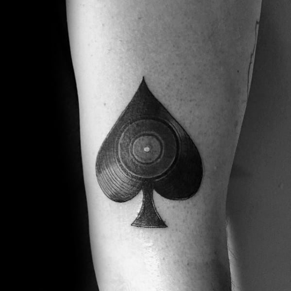 Mens Back Of Arm Tattoo With Spade Vinyl Record Design