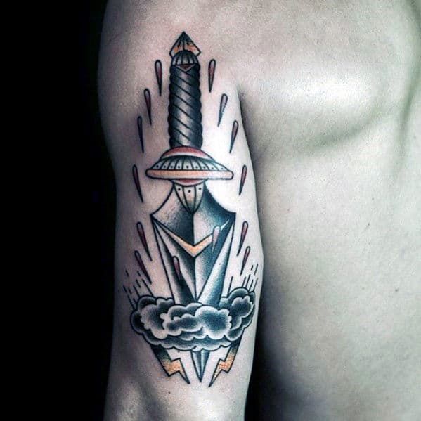 Mens Back Of Arm Traditional Dagger Through Clouds Tattoo