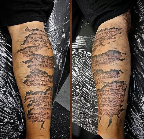 Realistic calf tattoo of torn skin revealing script text underneath, with detailed shading to create a ripped flesh effect
