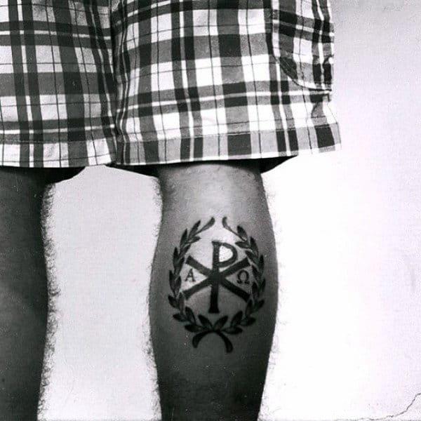Mens Back Of Leg Calf Chi Rho Tattoos