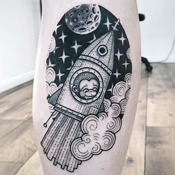 Mens Back Of Leg Calf Detailed Rocket Ship Tattoo Design