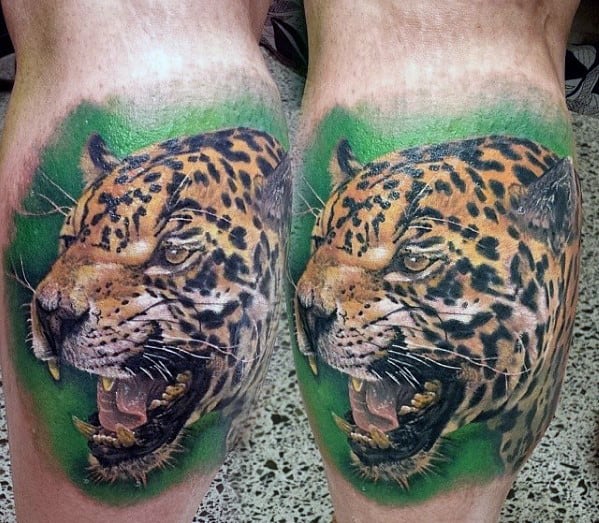 Mens Back Of Leg Calf Growling Cheetah Tattoo