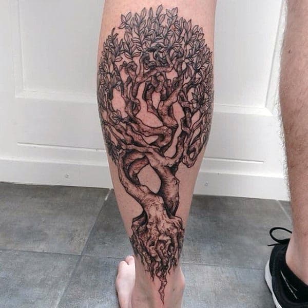 Mens Back Of Leg Detailed Tree Of Life Tattoo
