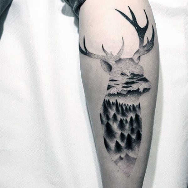 Mens Back Of Leg Small Deer Head Tree Forest Tattoo Design